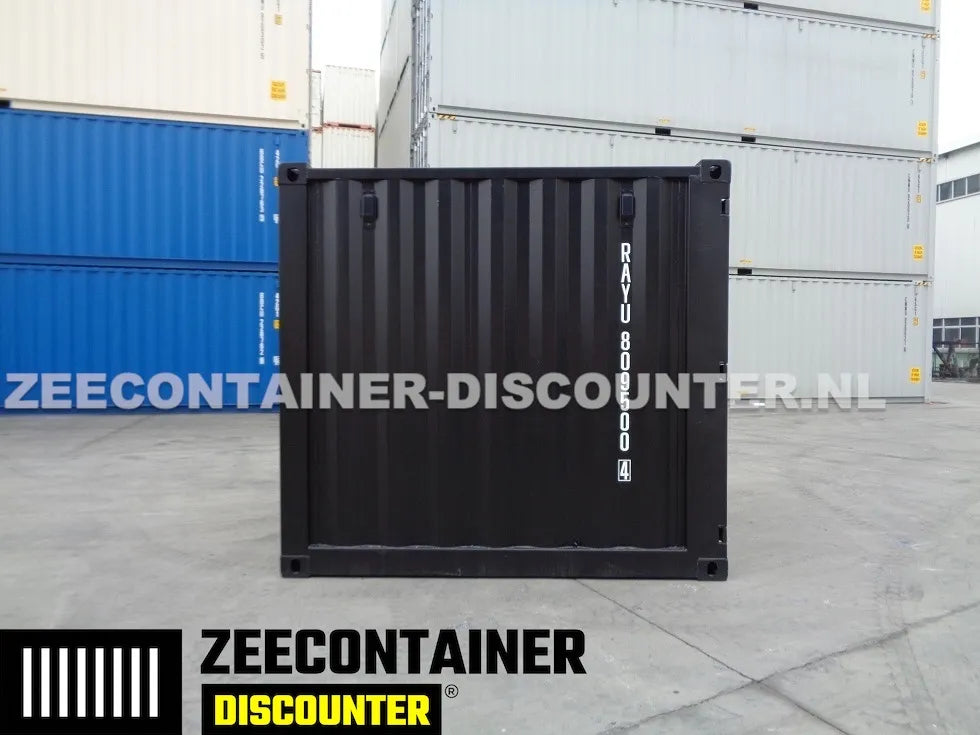 8ft Opslagcontainer 5100kg Draagvermogen met Slotkast – RAL 9005 – Nieuw Zeecontainer Discounter