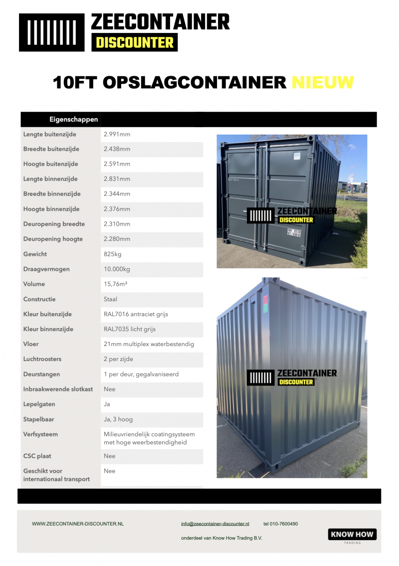 10ft opslagcontainer RAL7016 spec blad
