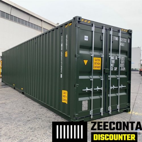40ft high-cube zeecontainer RAL6007 met lepelgaten nieuw